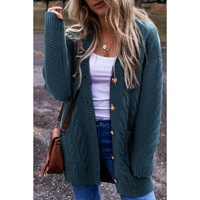 Peacock Blue Cable Knit Button Front Pocketed Baggy Cardigan - M