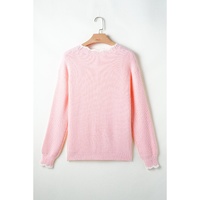 Pink Ribbed Knit Scalloped Edge Side Pockets Buttoned Cardigan - L