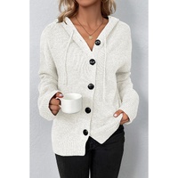 White Drawstring Hooded Button Up Drop Shoulder Sweater Cardigan - S