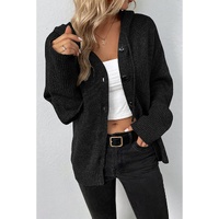 Black Drawstring Hooded Button Up Drop Shoulder Sweater Cardigan - S
