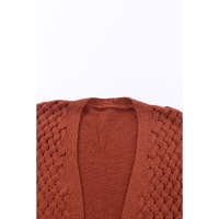Brown Open Front Woven Texture Knitted Cardigan with Pockets - S