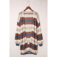 Blue Striped Color Block Hollowed Knit Cardigan - L