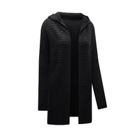 Black Horizontal Rib Knitted Open Front Hooded Cardigan - XL
