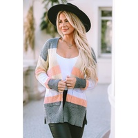Multicolor Color Block Striped Pocketed Open Cardigan - L
