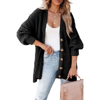 Black Buttoned Front Drop Shoulder Knitted Cardigan - M