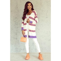 Azura Exchange Beige Striped Long Sleeve Ribbed Trim Button Cardigan - M