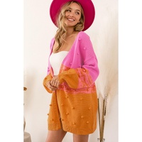 Multicolor Pompom Color Block Open Front Cardigan - S