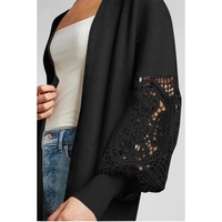 Black Crochet Lace Sleeve Ribbed Knit Cardigan - M
