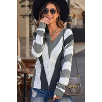 Gray Striped Colorblock V Neck Knitted Sweater - XS