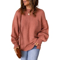 Solid Color Puffy Sleeve Pocketed Sweater - M