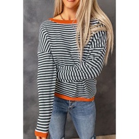 Contrast Trimmed Striped Drop Shoulder Sweater - S
