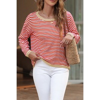 Fiery Red Contrast Trimmed Striped Drop Shoulder Sweater - 2XL