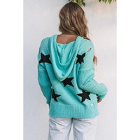 Green V Neck Star Pattern Hooded Sweater with Slits - S