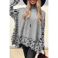 Gray Leopard High Neck Side Slit Oversized Sweater - M