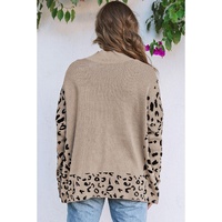 Khaki Leopard High Neck Side Slit Oversized Sweater - L