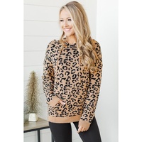 Khaki Leopard Knitted Drawstring Hooded Sweater - L