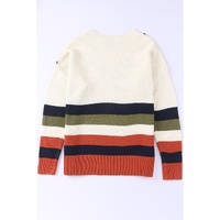 White Buttoned Shoulder Drop Shoulder Striped Sweater - M