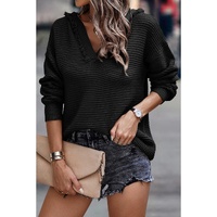 Black V Neck Ribbed Drop Shoulder Hooded Sweater - XL