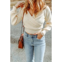 Azura Exchange Beige Ribbed Long Sleeve Surplice Crop Sweater - XL