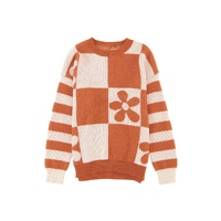 Brown Checkered Floral Print Striped Sleeve Sweater - M