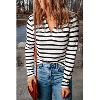 Stripe Collared V Neck Lightweight Knit Casual Sweater - L