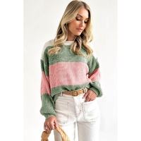 Green Colorblock Drop Shoulder Pullover Loose Sweater - M