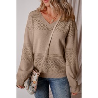 Camel Eyelet Pattern Detail V Neck Drop Shoulder Sweater - 2XL