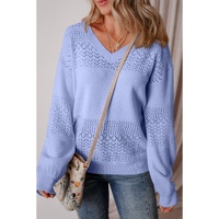 Sky Blue Eyelet Pattern Detail V Neck Drop Shoulder Sweater - M