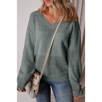 Mist Green Eyelet Pattern Detail V Neck Drop Shoulder Sweater - S