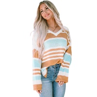 Multicolor Colorblock Stripe Long Sleeve Split Sweater - L