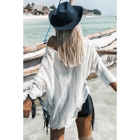 White Hollowed Detail Knitted Loose V Neck Sweater - L