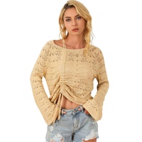 Khaki Hollowed Knit Asymmetric Drawstring Sweater - L