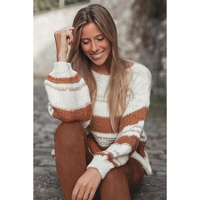 White Striped Knit Puff Sleeve Casual Sweater - L