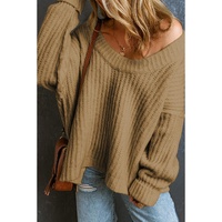 Khaki Ribbed Knit Round Neck Slouchy Chunky Sweater - L