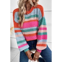 Multicolor Striped Knit Drop Shoulder Puff Sleeve Sweater - L