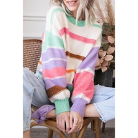 Multicolor Striped Colorblock Drop Shoulder Sweater - S
