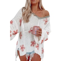 White Floral Print Lightweight Knit Hooded Sweater - S
