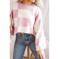 Pink Checkered Bishop Sleeve Sweater - S