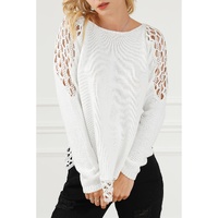 White Solid Scoop Neck Hollow Out Sweater - M