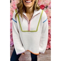 White Colorful Edge Quarter Zip Drop Shoulder Sweater - L