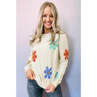 White Sweet Floral Pullover Sweater - XL