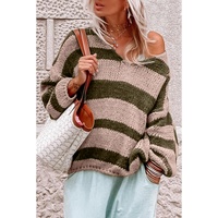 Green Striped Colorblock Knit V Neck Loose Fit Sweater - M