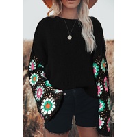 Black Floral Crochet Bell Sleeve Loose Sweater - L