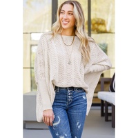 Beige Ribbed Hollow Knit Dolman Sleeve Sweater - L