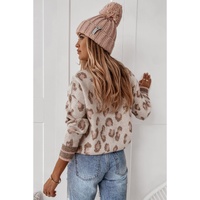 Brown Two-tone Ribbed Trim Contrast Leopard Sweater - L
