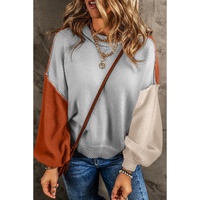 Gray Colorblock Bishop Sleeve Ribbed Trim Sweater - XL