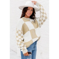 Flaxen Checkered Print Drop Shoulder Sweater - L