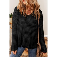 Black Hollow-out Crochet V Neck Sweater - 2XL
