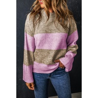 Rose Stripe Crew Neck Wide Sleeve Colorblock Sweater - M