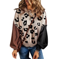 Coffee Leopard Print Colorblock Pullover Sweater - M